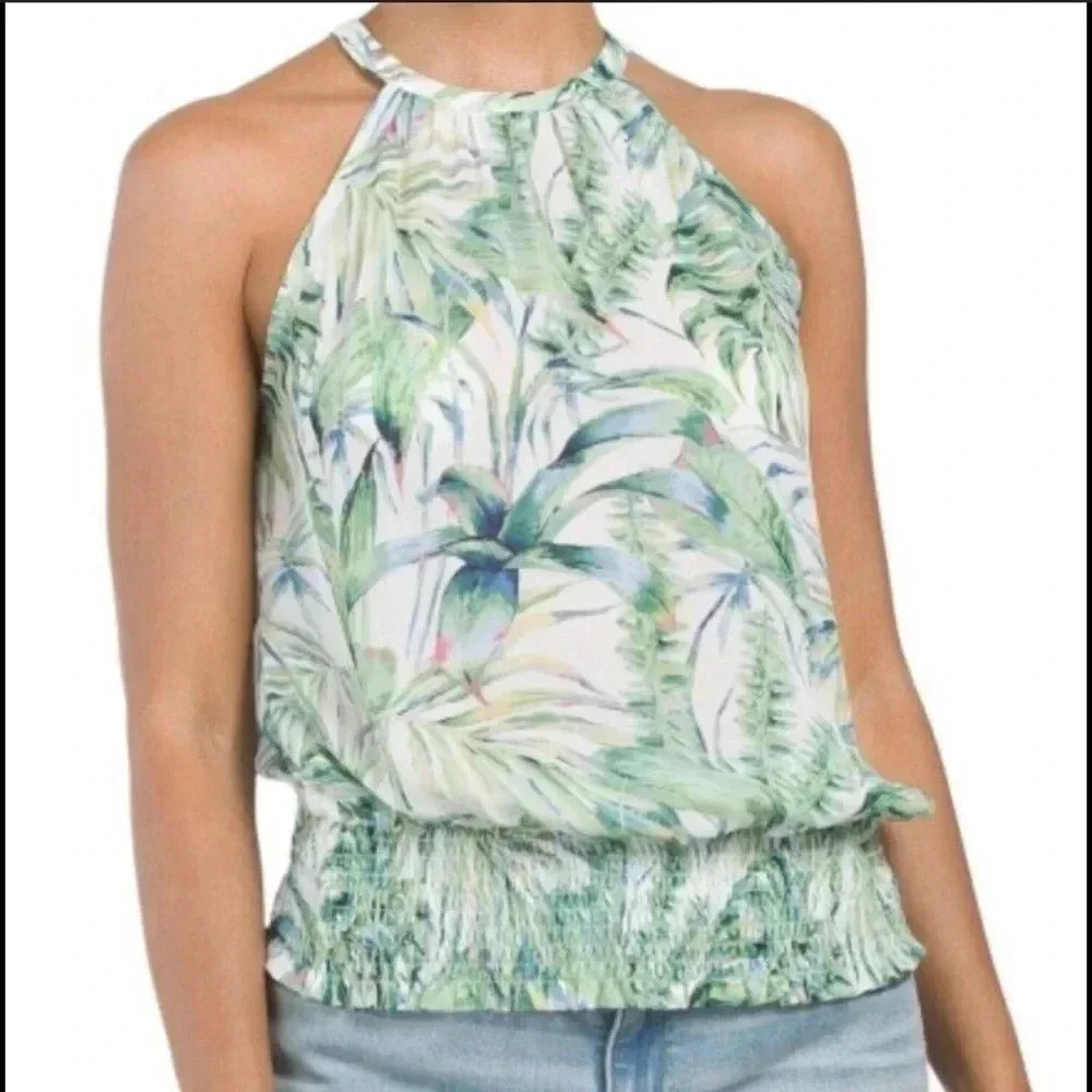 Joie Tank Blouse Tropical Leaf Print Halter White Green top size S‎